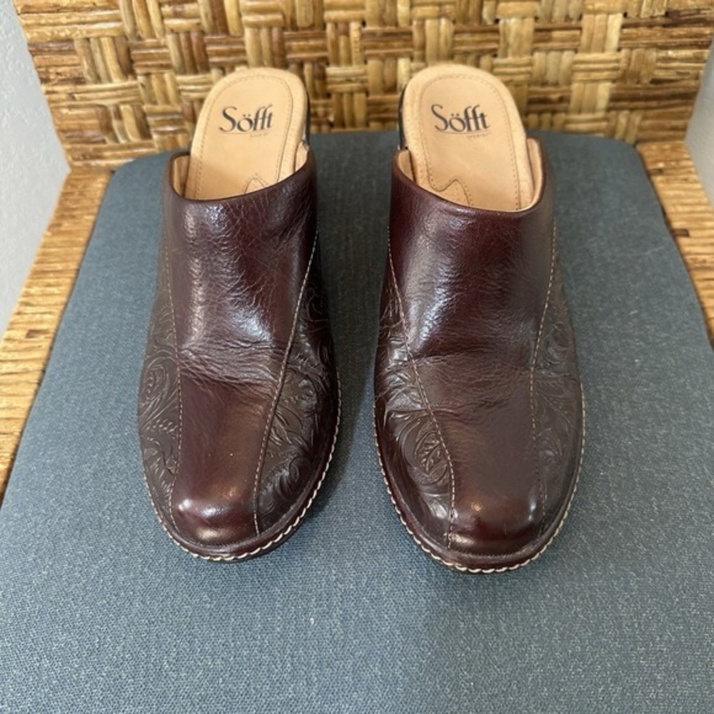 Sofft London Women's Brown Tooled Leather Mules Clogs Shoes 7.5‎ M